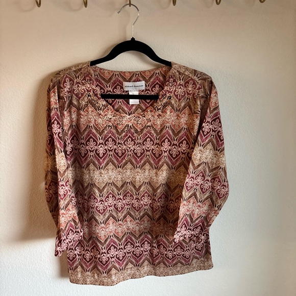 Vintage 70s Style Alfred Dunner Women's Top in Orange, Pink and Tan size Medium - Picture 2 of 10